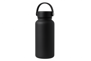 Black reusable water bottle with handle, studio-lit, showcasing sustainable hydration against transparent backdrop