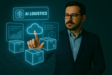 A man interacts with a digital display showing AI Logistics, with cloud computing, data charts, and shipping boxes in a futuristic interface.