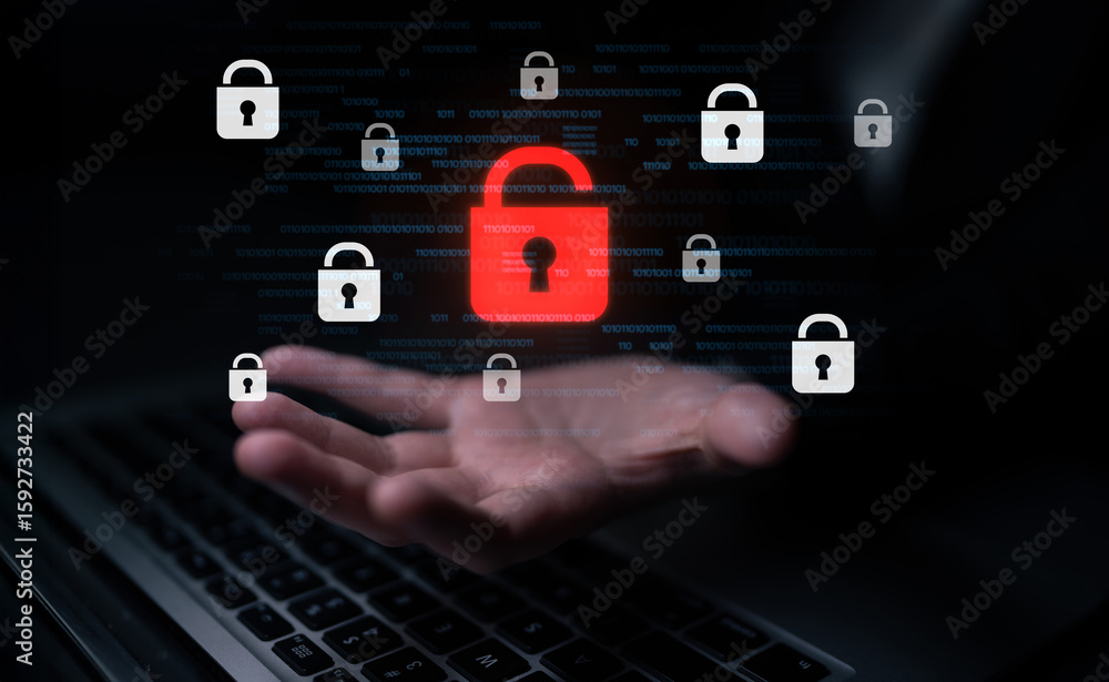 Poster digital security concept illustrating a cybersecurity breach, with a red unlocked padlock indicating