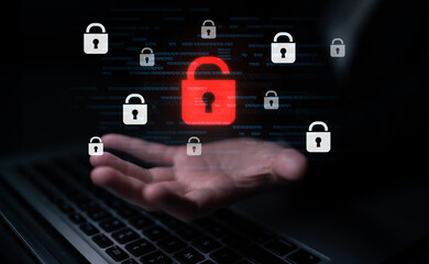 Digital security concept illustrating a cybersecurity breach, with a red unlocked padlock...