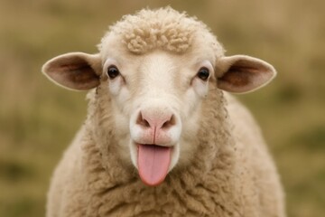 A sheep's tongue sticking out in a pastoral setting