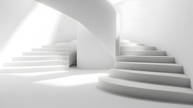 escaleras minimalistas en cuerva modernas y elegantes sobrias de lujo blancas en una habitacion vacia brillante e iluminada 