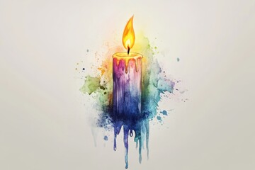 A colorful watercolor candle with a bright flame isolated on white background