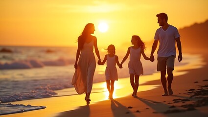 Family walking on beach at sunset for parents' day