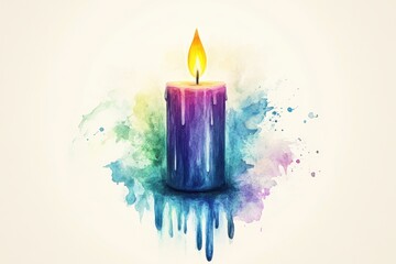 A vibrant watercolor candle with a glowing flame isolated on white background