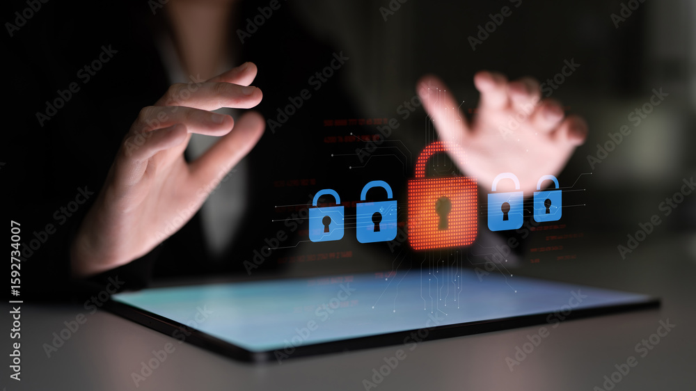 Poster digital security concept illustrating a cybersecurity breach, with a red unlocked padlock indicating