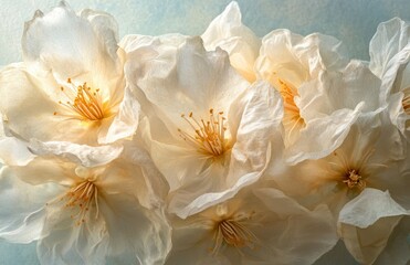 Obraz premium Delicate cherry flowers bloom against bokeh background - white spring blossoms in golden sunset light