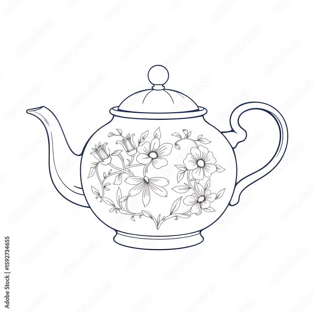 Poster isolated teapot with floral design in a simple line drawing on transparent background