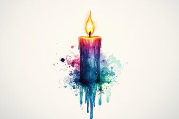 A bright watercolor candle with dripping wax isolated on white background