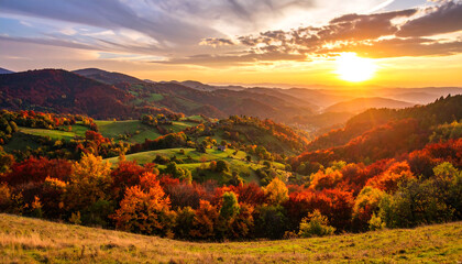 Obraz premium Autumn Sunset Landscape: Vibrant Fall Foliage & Rolling Hills Photography
