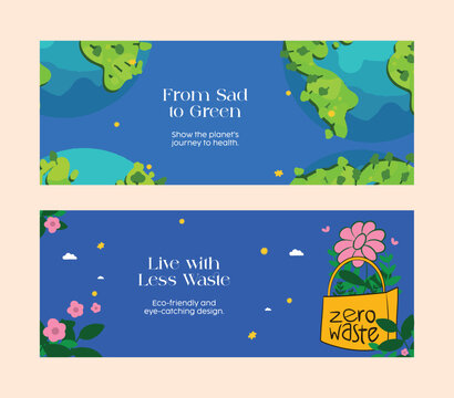 Horizontal eco banner templates with Earth and zero waste visuals. Great for promoting green living, sustainability campaigns, eco product sales, and conscious consumer awareness.