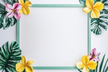 A floral frame with tropical leaves and flowers on a white background