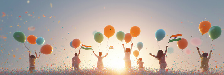 Rooftop celebration, kids release tricolor balloons under India flags, bright 3D halo effect