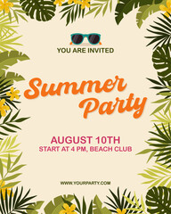 Hand drawn summer party invitation template. Vertical poster design in flat style. Tropical card concept