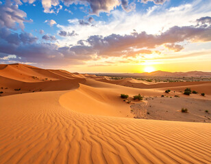 Stunning Desert Sunset: Vibrant Landscape Photography - Sahara Dunes, Golden Hour Light