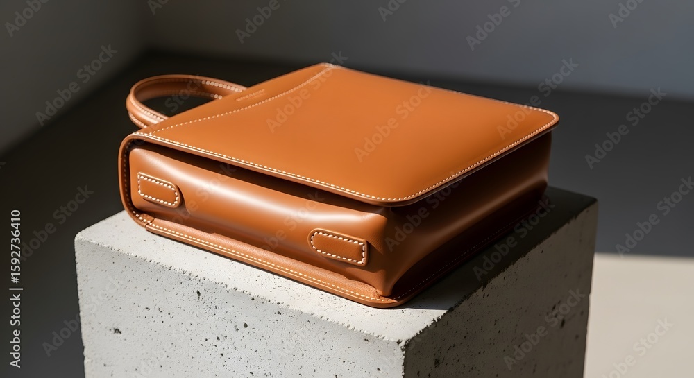 Poster close up of generic leather handbag with stitching on a gray concrete block with light and shadow cr
