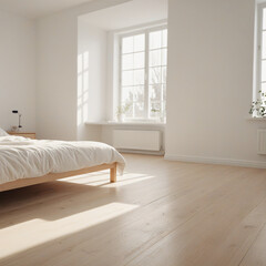 Minimal Scandinavian bedroom with natural wood floors and bright windows