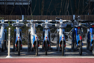 City bikes lined up in a bike rack