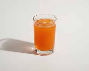  A glass of orange juice resting on a table, reflecting light and highlighting its refreshing, vibrant hue.