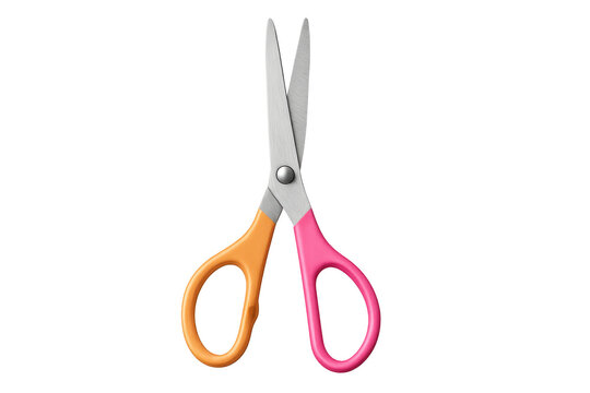 Colorful scissors with pink and orange handles isolated on a transparent background, perfect for creative projects