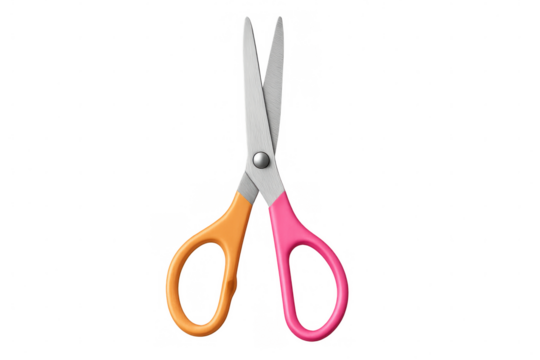 Colorful scissors with pink and orange handles isolated on a transparent background, perfect for creative projects