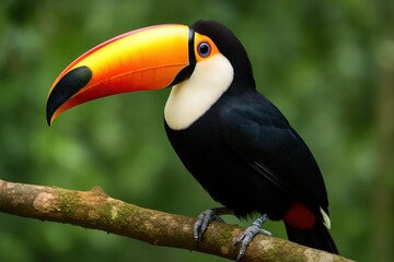 A vibrant Toucan perches on a branch, its striking yellow beak contrasting with its black body and white underparts against a lush green backdrop