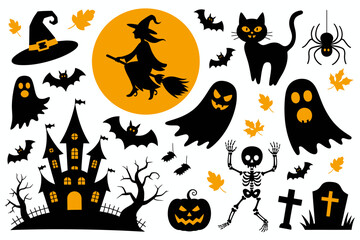 Halloween Silhouettes: A collection of Halloween silhouettes, showcasing spooky symbols. Featuring a whimsical witch riding broom against a backdrop of the big orange moon, eerie silhouettes of bats.
