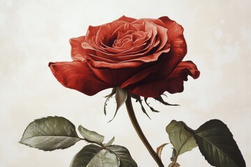 A beautiful red rose with green leaves is blooming in the garden