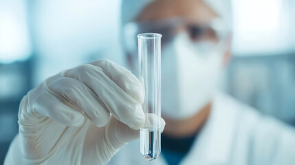 Lab worker with vial. Holding clear liquid in the clear vial. Researcher in PPE (Personal Protective Equipment) in science lab setting.