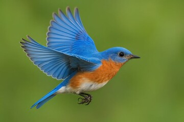A bluebird soars through a verdant backdrop