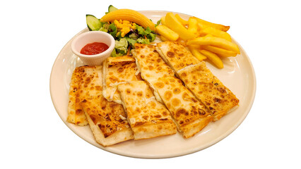 Isolated sliced flatbread served on a plate with potato chips and sauce