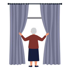 Elderly woman closing curtains in a cozy indoor setting, white background, vector  