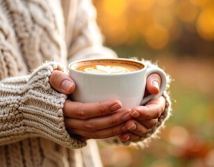 Woman holding a latte in autumn