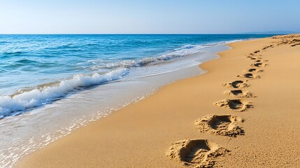 Obraz premium Footprints in the Sand Leading Along the Beach Towards Ocean