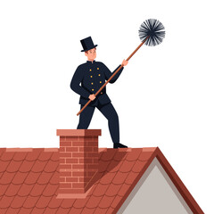 Chimney sweep cleaning chimney on house rooftop wearing top hat, transparent background, vector  