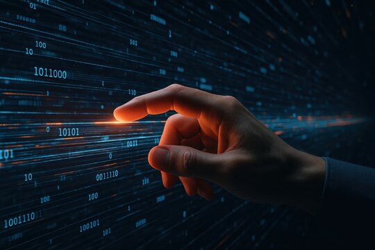 A human hand reaches out towards a digital screen displaying binary code, symbolizing the intersection of technology and human interaction