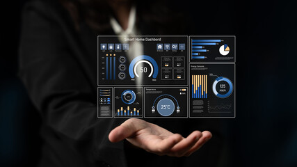 Smart home dashboard manages IoT system. Smart home dashboard controls temperature, dashboard tracks energy, smart home handles devices, and smart home dashboard monitors data. Latch