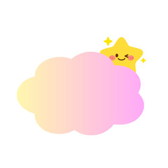 Cute kawaii blinking star message box behind pastel colored clouds, black background, cartoon style, soft lights.