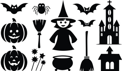 Halloween Black Silhouettes Collection with Witch and Haunted Elements