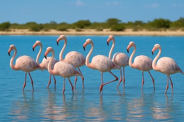 A serene procession of pink flamingos in a tranquil blue waterscape