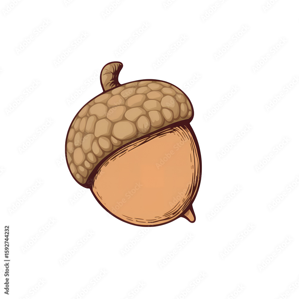 Poster illustration of a single acorn with a textured cap on transparent background