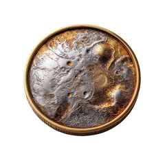 Unique metallic coin featuring textured surface resembling celestial body, showcasing intricate patterns and metallic shine