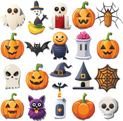 Cute Halloween Icon Set with Pumpkins, Ghosts, Bats, and Spooky Elements