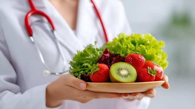 Doctor holding wooden plate with fresh fruits and vegetables promoting healthy eating - Powered by Adobe