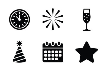 Festive celebration icons including clock champagne glass party hat calendar and star