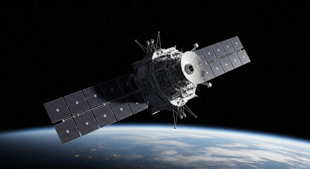 High-tech satellite orbiting Earth with stars in the background