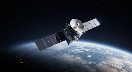 High-tech satellite orbiting Earth with stars in the background