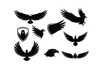 Majestic eagle silhouettes spread wings in flight and poised for action falcon hawk