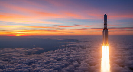Modern space rocket ascends at sunset with glowing cloud trail