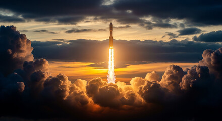 Modern space rocket ascends at sunset with glowing cloud trail